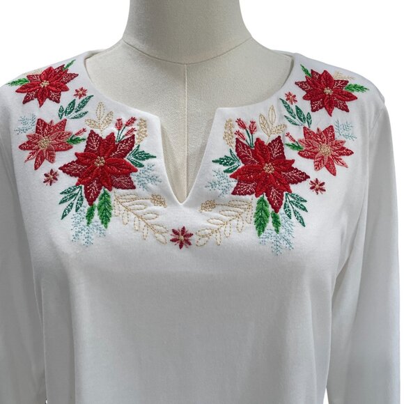 Coral Bay Holiday Poinsettia Embroidered White Top PM Petite Medium Christmas - Picture 5 of 8